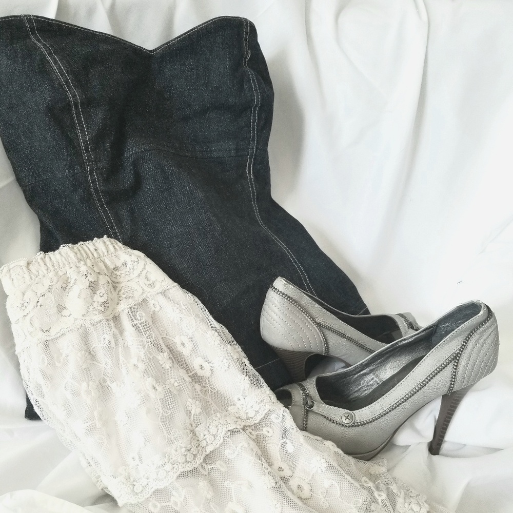 Denim corset, cream color skirt,  open toe heels